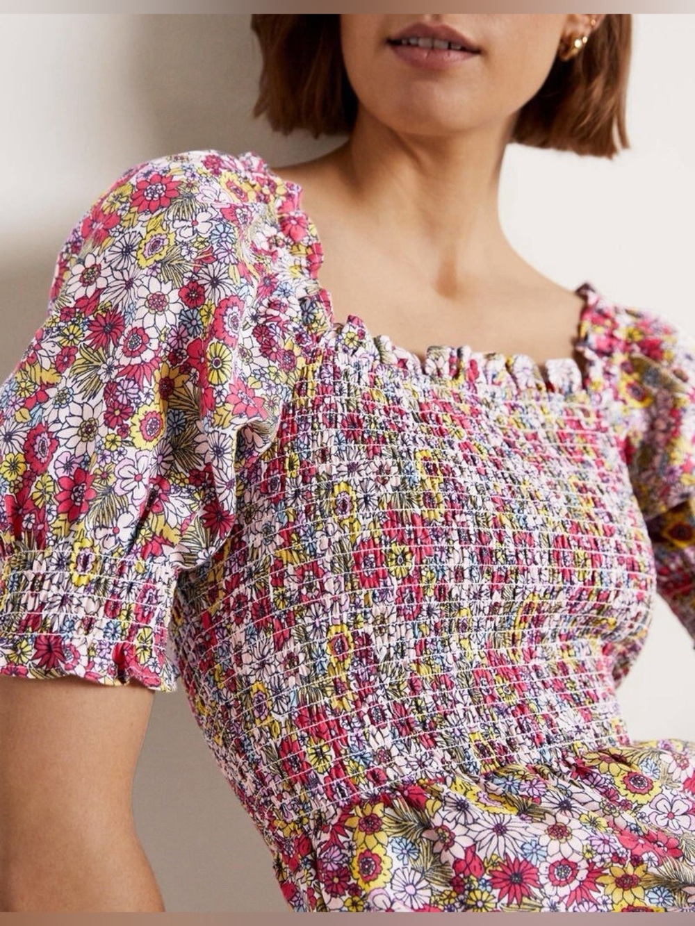 Boden 100% Pink Multi Floral Smocked Puff-Sleeve Romper - Picture 3 of 9